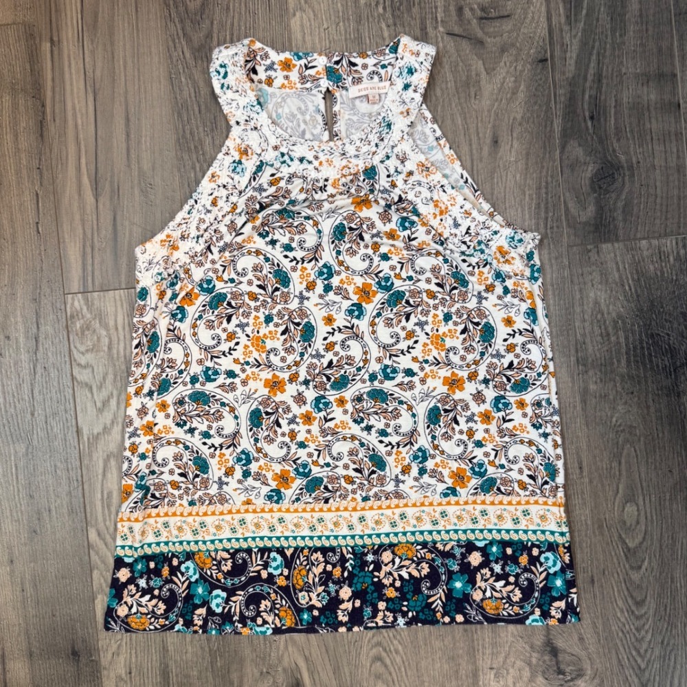 Skies Are Blue Womens M Paisley Floral Halter Tank‎ Top White Teal Orange